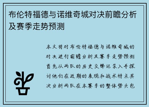 布伦特福德与诺维奇城对决前瞻分析及赛季走势预测